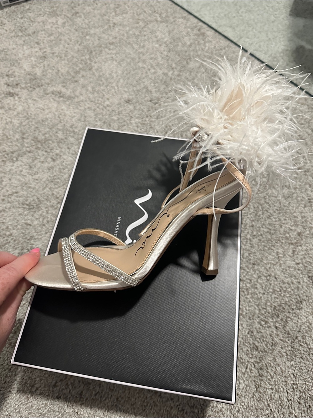 Nina Champagne Satin Feather & Crystal Evening Sandal